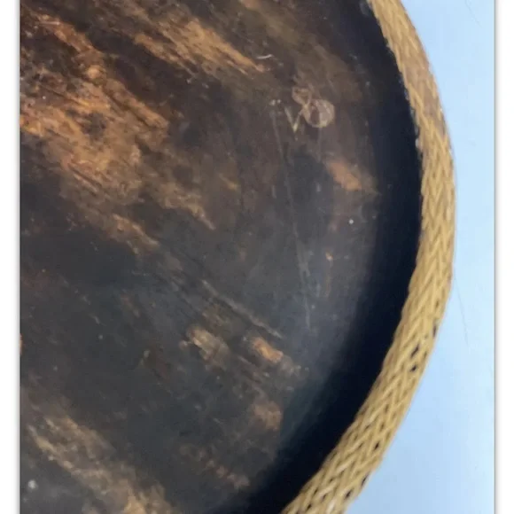 Vintage Hand Carved Lombok Indonesian 15”D Solid Wood Bowl Rattan Basket Rim - Picture 5 of 13